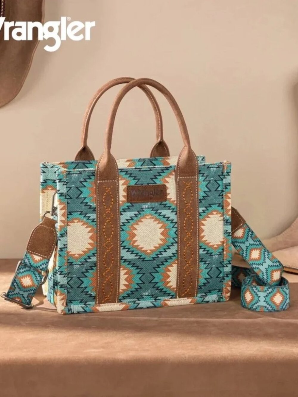 Wrangler Aztec Distressed Print Dual Sided Print -Tote/Crossbody Turquoise